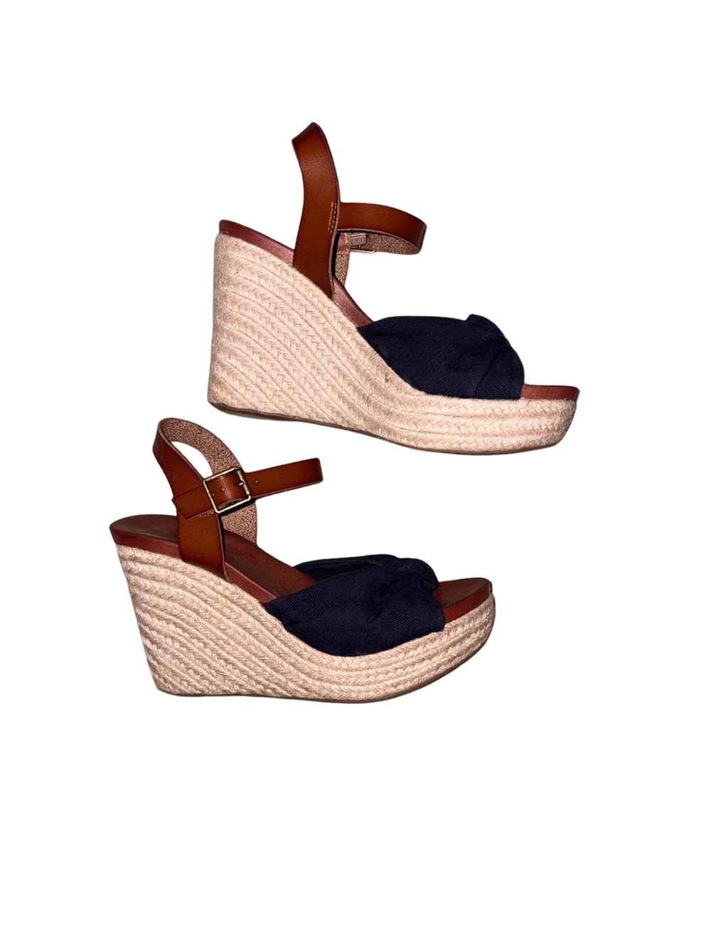 MIA Lorryann Navy Knot Espadrille Wedge Sandals Brown Leather Strap Size 8.5
